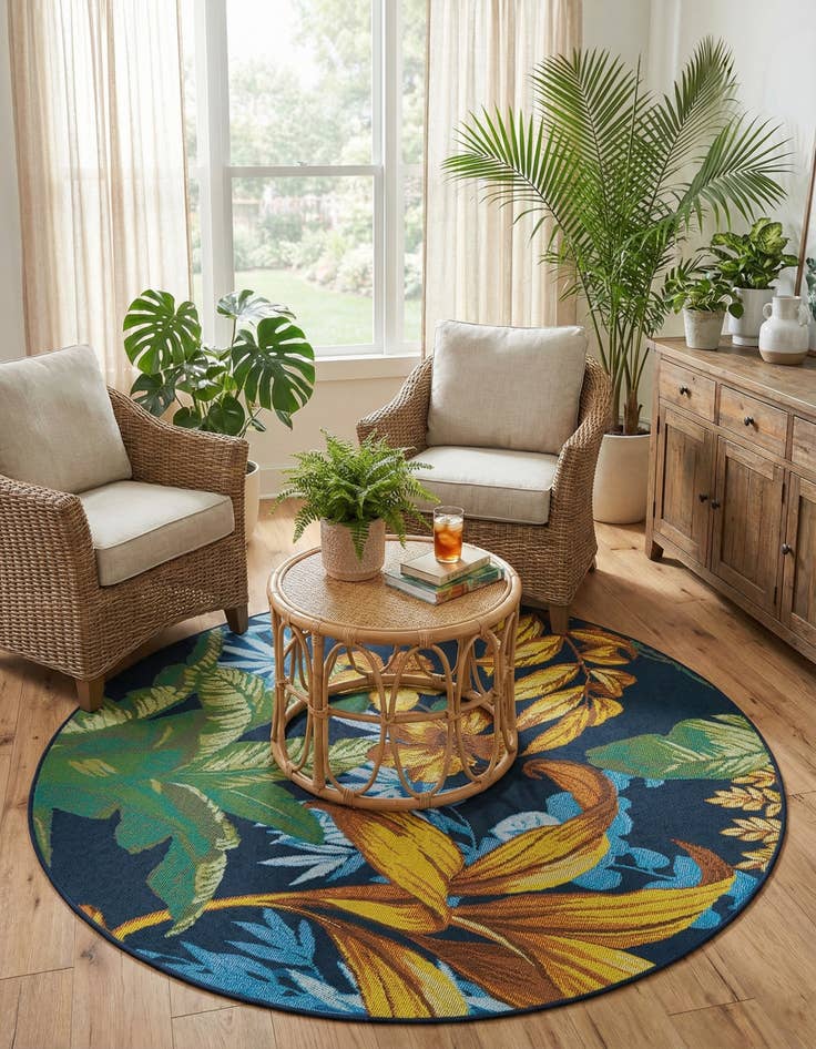 Detail image of  4' x 4'  Washable Botanical Indoor / Outdoor Round Rug