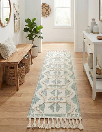 Aquamarine and White Hand Woven Arizona Wool Runner Rug