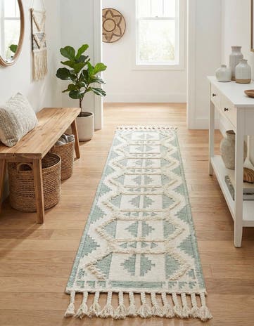 Aquamarine and White Hand Woven Arizona Wool Runner Rug