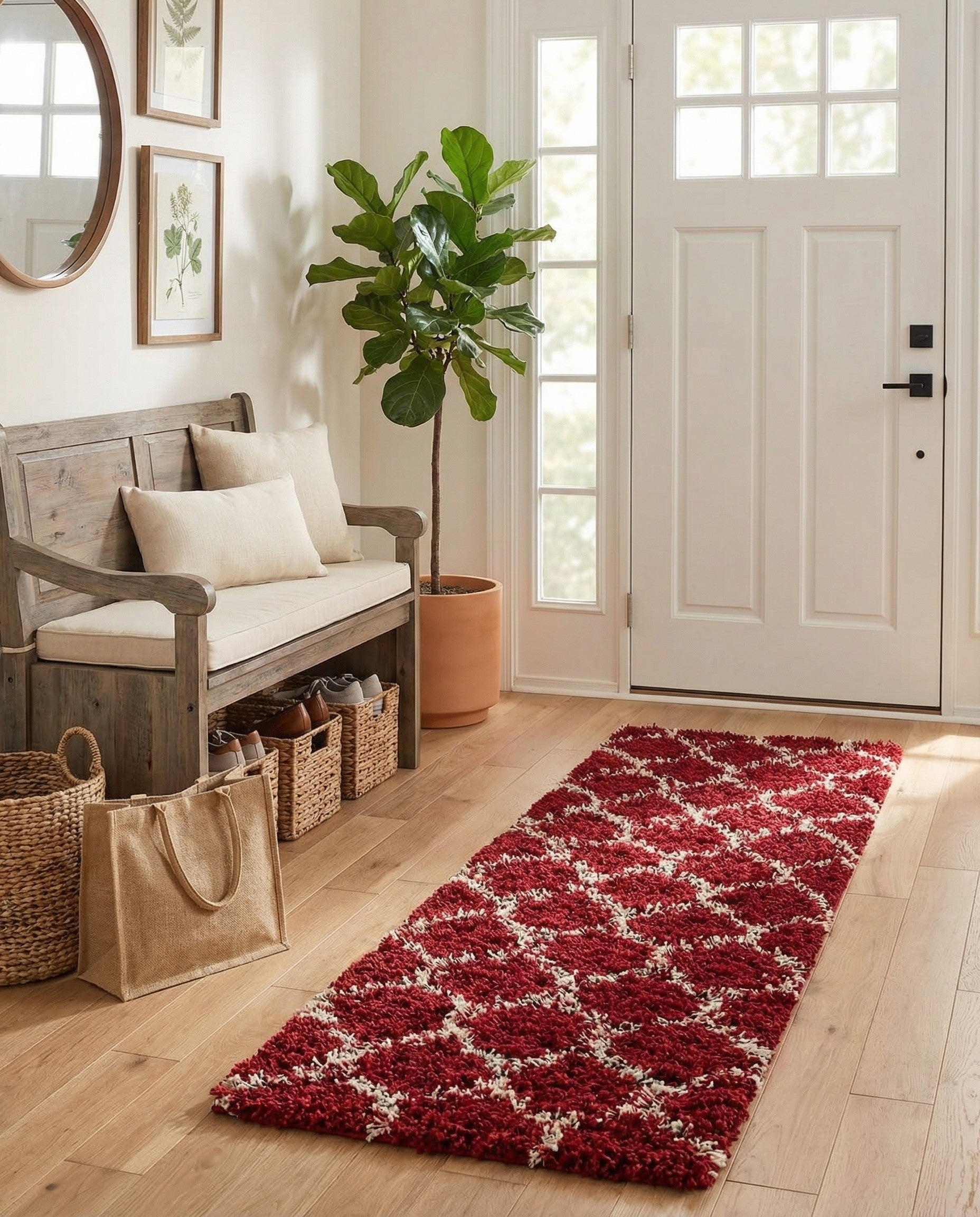 A 6 ft runner rug with a modern red shag pile and a white lattice pattern, perfect for a hallway.
