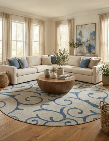 Gray Easy-Clean Botanical Indoor / Outdoor Round Rug