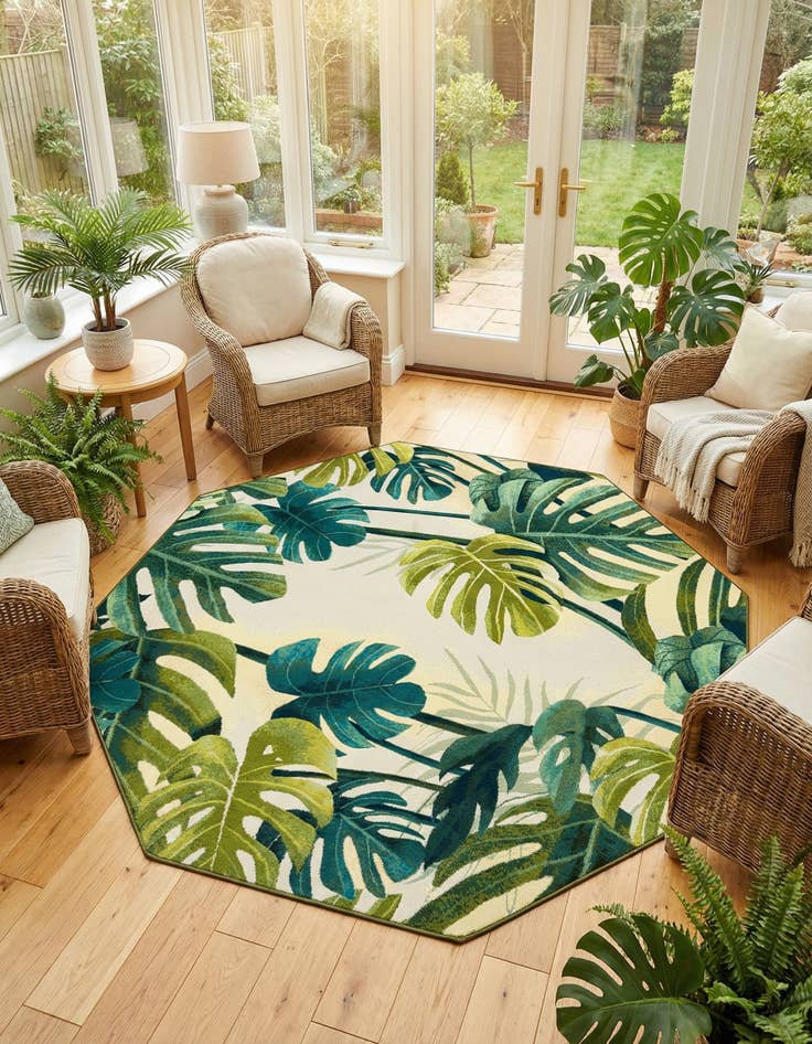 Detail image of 7' 10 x 7' 10  Washable Botanical Indoor / Outdoor Octagon Rug