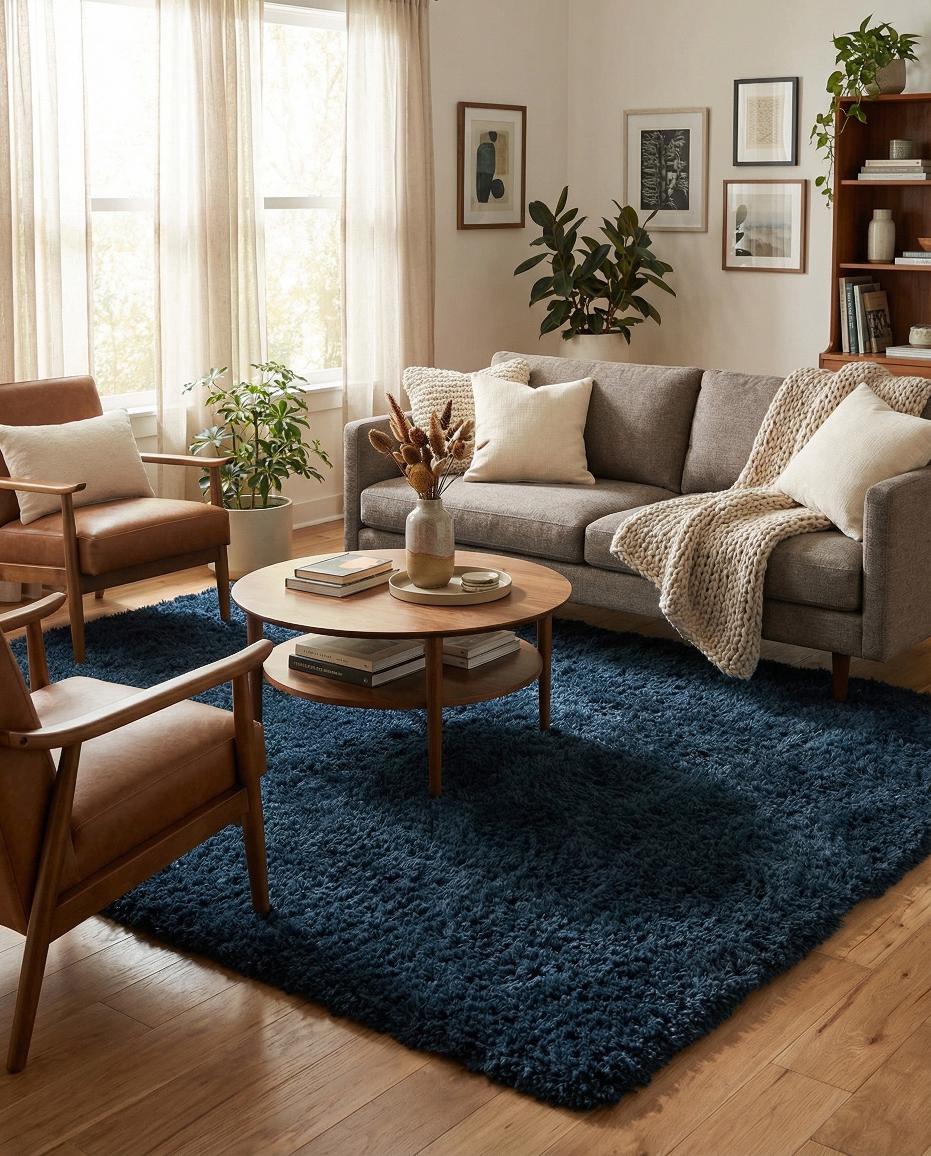 A 6x9 rectangular Infinity Shag rug in a deep blue color, featuring a plush, textured pile suitable for a modern living room.