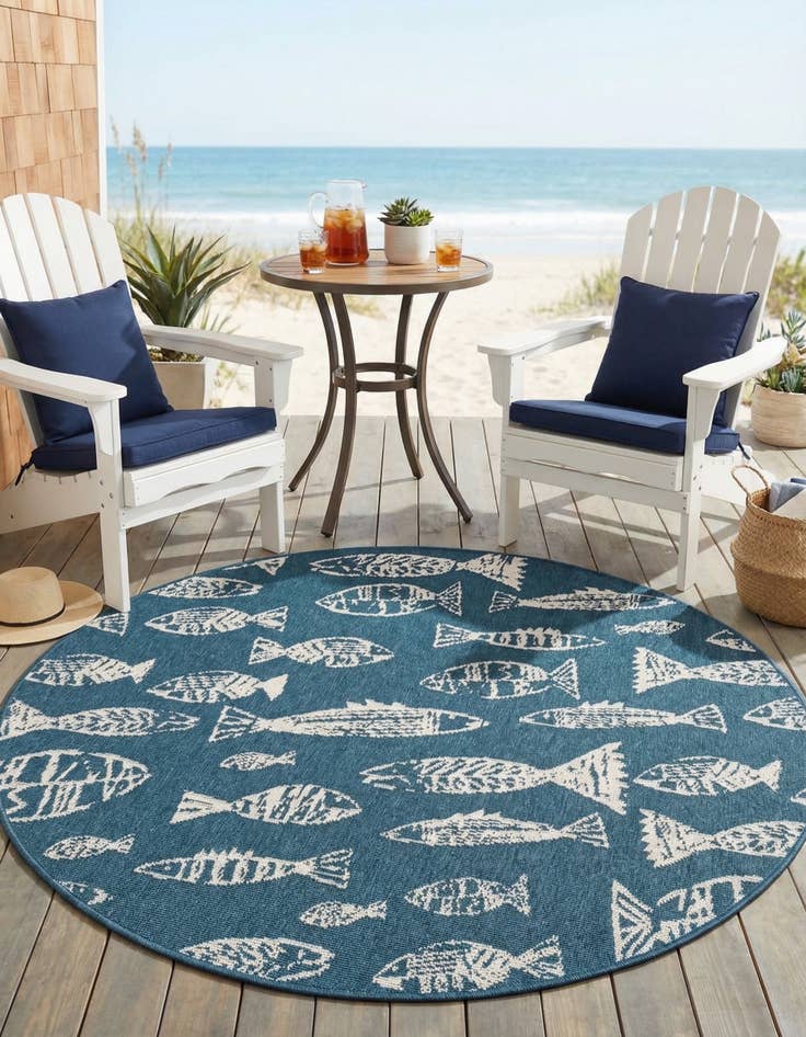 Detail image of 4' x 4'  Washable Coastal Indoor / Outdoor Round Rug