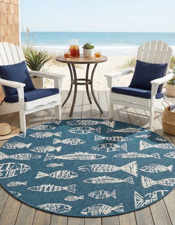 Blue Easy-Clean Coastal Indoor / Outdoor Round Rug