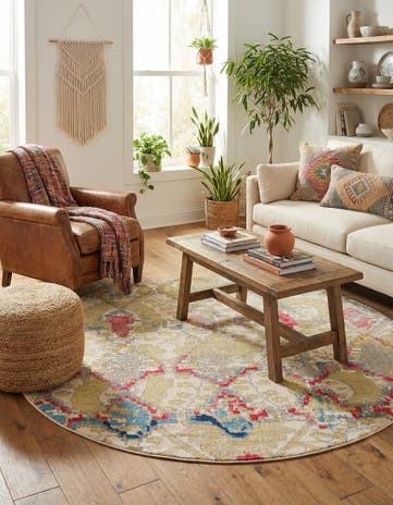 Beige Washable Santa Fe Round Rug