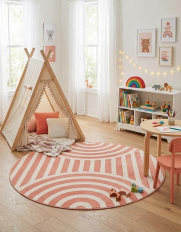 Soft Coral Pink Whimsy Kids Round Rug