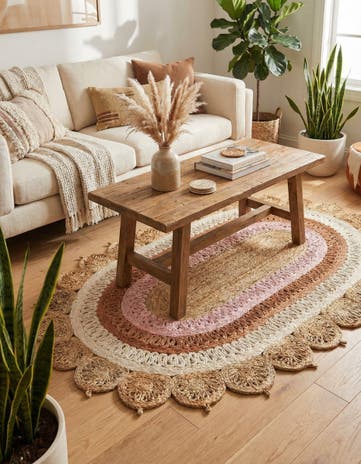 Natural White Orange Pink Handmade Braided Jute Oval Rug