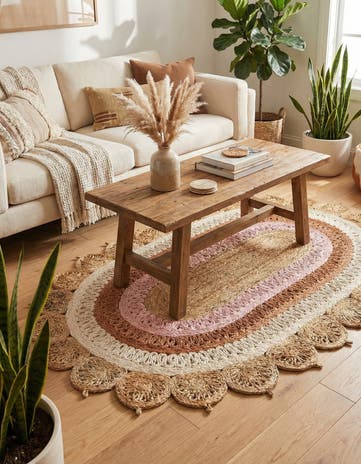 Natural White Orange Pink Handmade Braided Jute Oval Rug