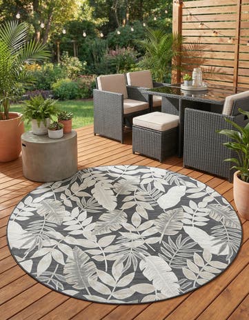 Black Easy-Clean Botanical Indoor / Outdoor Round Rug