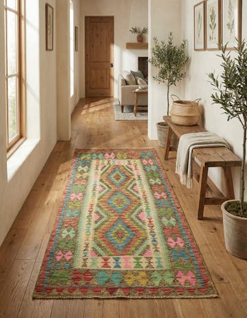 3' 4 x 6' 6 Hand Woven Kilim Maymana Wool Runner Rug