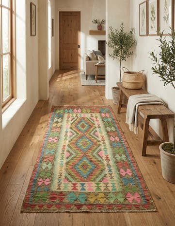3' 4 x 6' 6 Hand Woven Kilim Maymana Wool Runner Rug