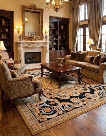 Black Gold Brown Easy-Clean Traditional Indoor / Outdoor Square Rug