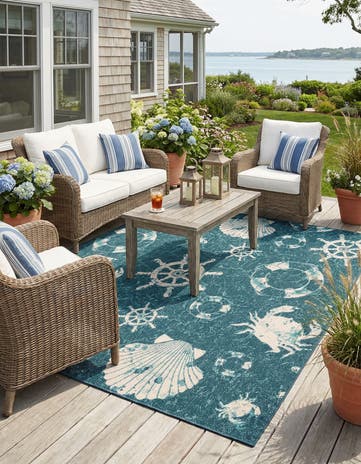 Navy Blue Easy-Clean Coastal Indoor / Outdoor Square Rug