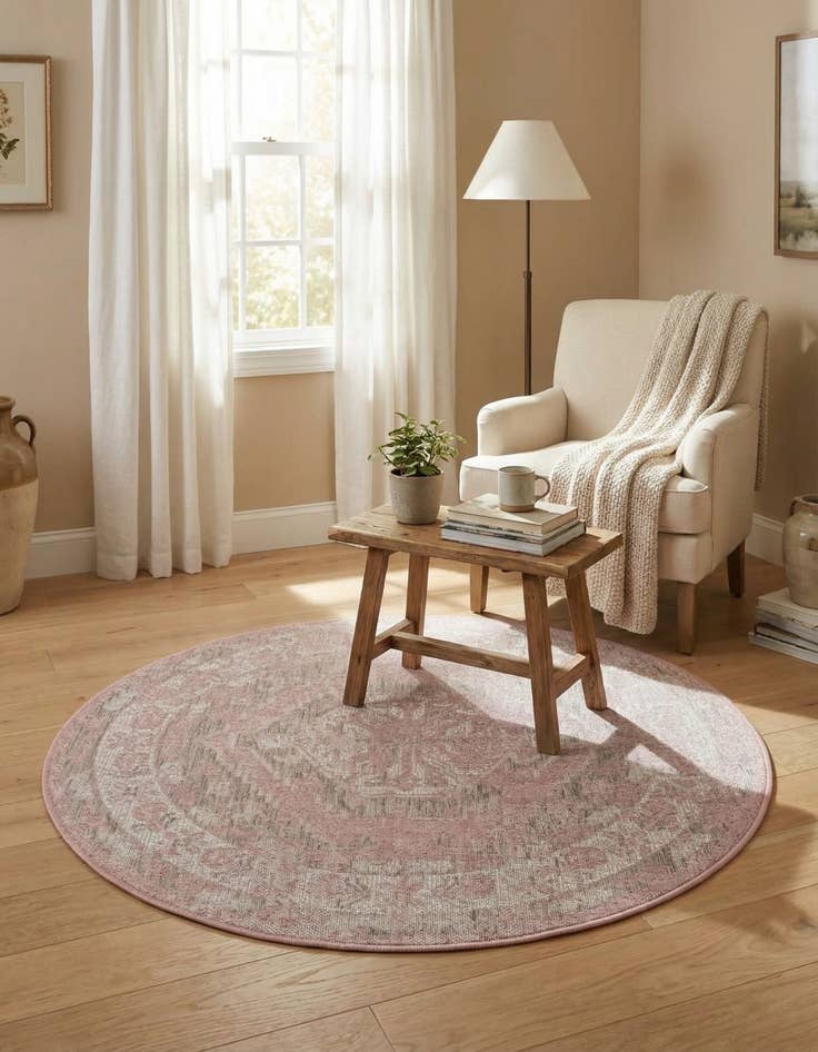 Detail image of 4' x 4'  Washable Traditional Indoor / Outdoor Round Rug