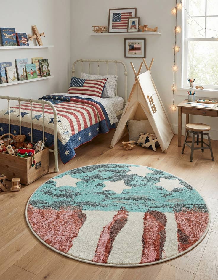 Detail image of 3' 3 x 3' 3 American Flag Whimsy Kids Round Rug