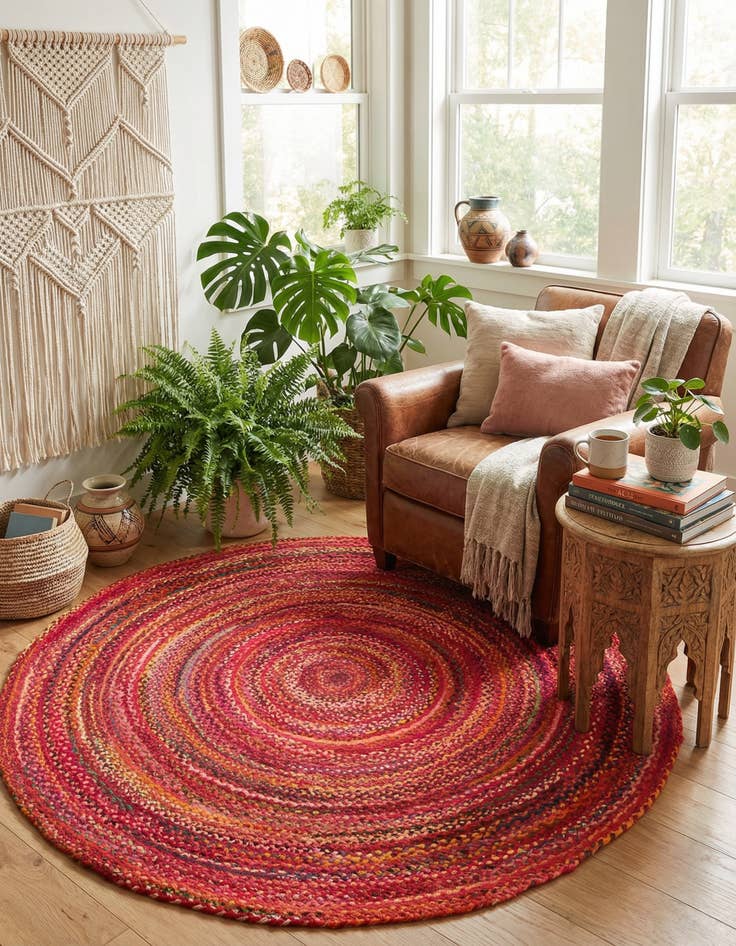 Detail image of  8' x 8'  Hand Braided Chindi Round Rug