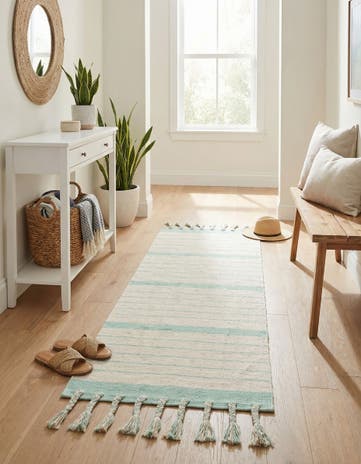 White and Aqua Hand Woven Chindi Cotton Runner Rug