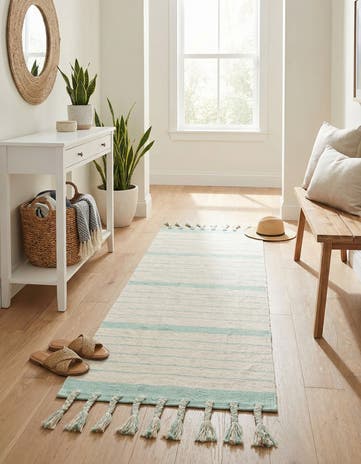 White and Aqua Hand Woven Chindi Cotton Runner Rug