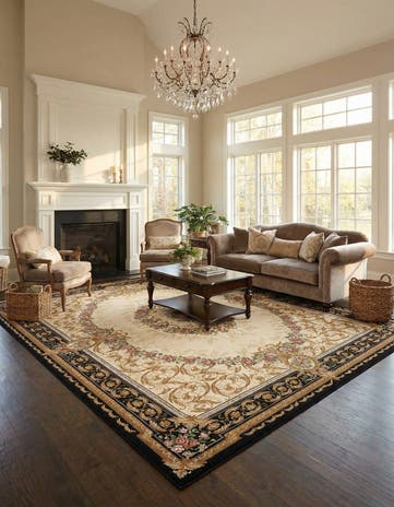 Black and Ivory Easy-Clean Traditional Indoor / Outdoor Rug