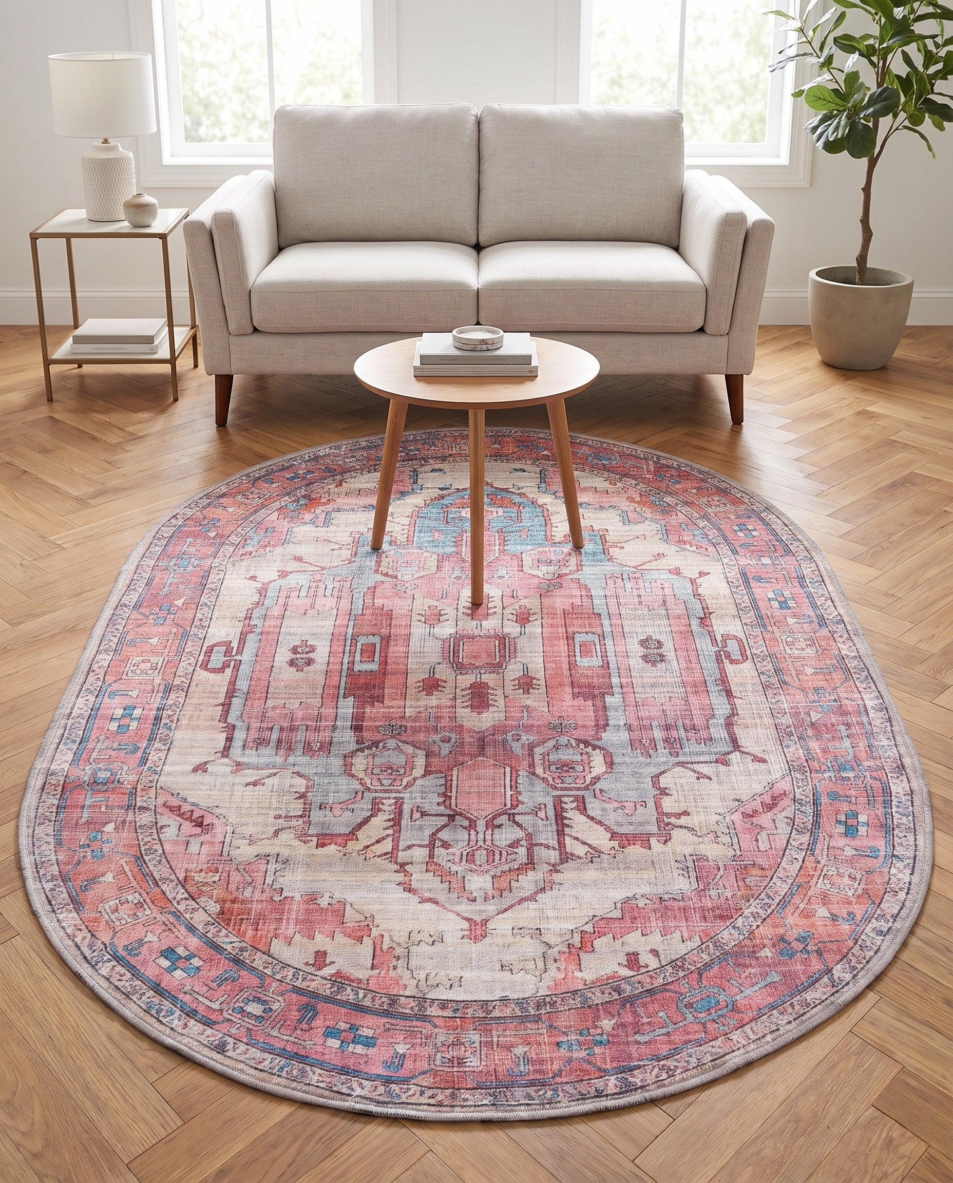 Beige Washable Maahru Oval Rug