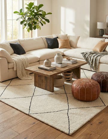 Ivory and Black Hand Knotted Safiya Moroccan Wool Rug