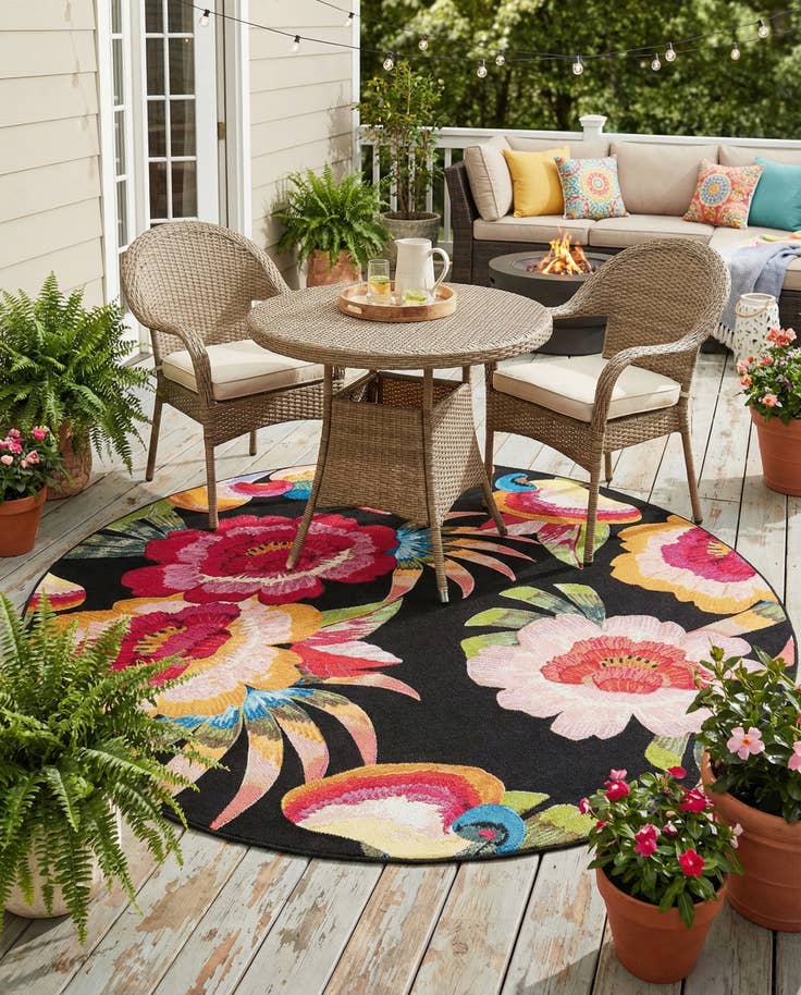 Detail image of 7' 10 x 7' 10 Easy-Clean Botanical Indoor / Outdoor Round Rug