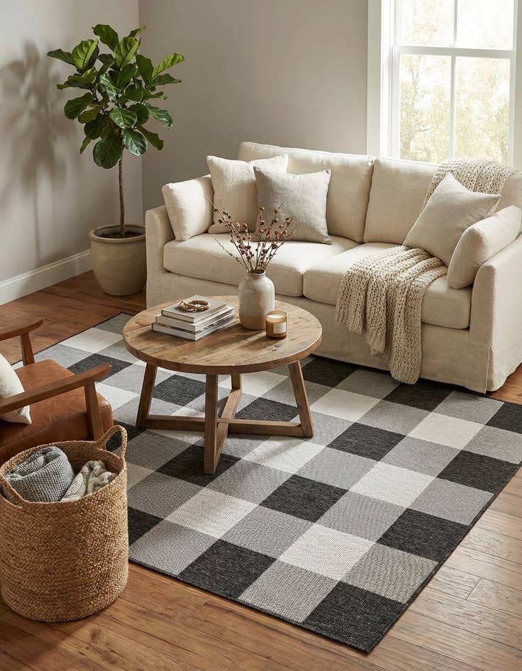 Detail image of 5' 3 x 7'  Washable Checkered Indoor / Outdoor Rug
