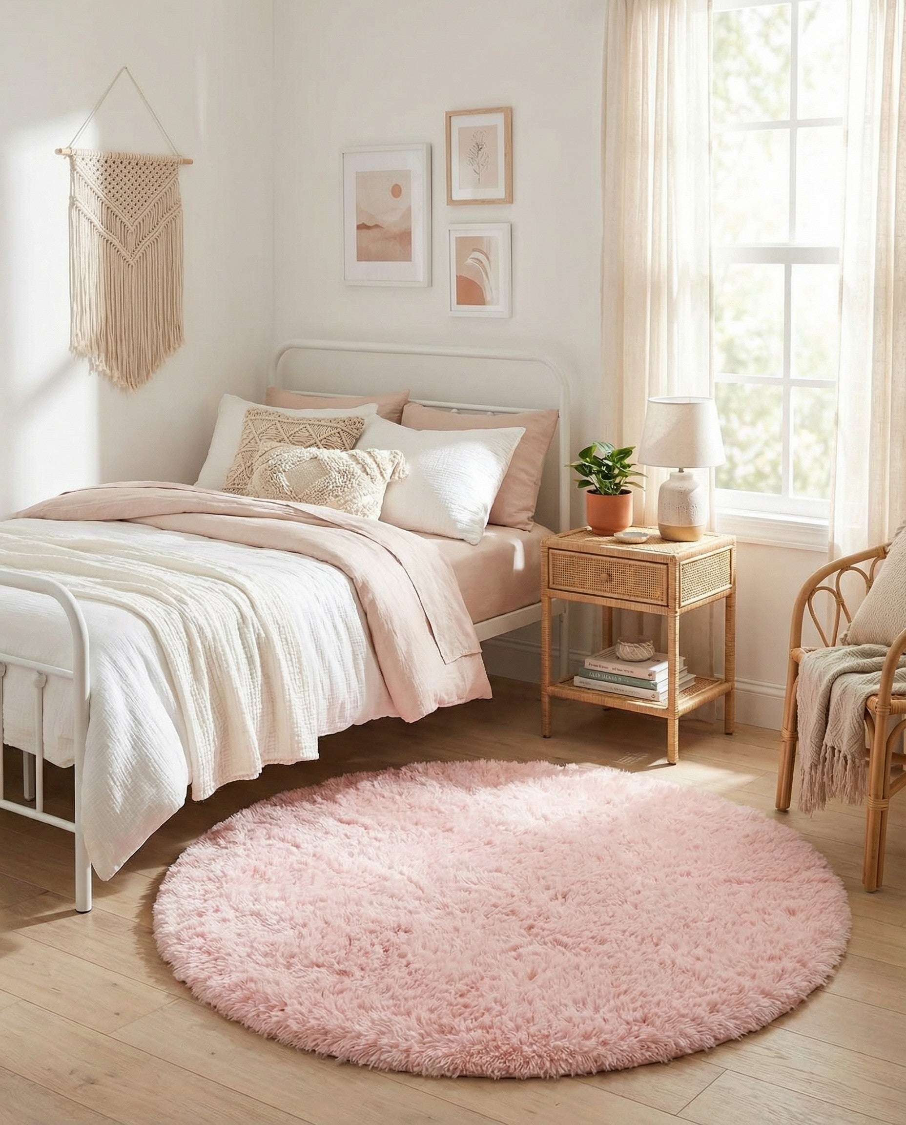 A soft, plush pink round shag rug, 4' 0 x 4' 0, with a textured pile, perfect for adding a touch of Hollywood glam to an indoor space.