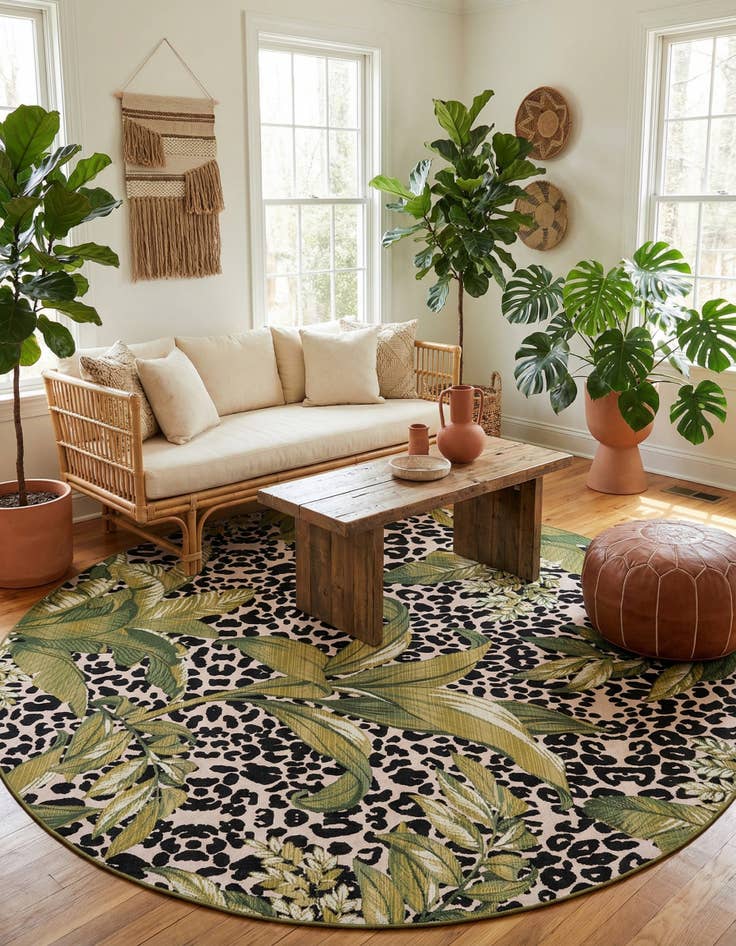 Detail image of 7' 10 x 7' 10  Washable Botanical Indoor / Outdoor Round Rug
