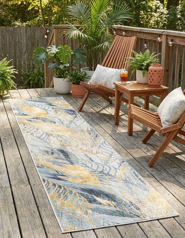 Gray Ivory Yellow Easy-Clean Botanical Indoor / Outdoor Runner Rug