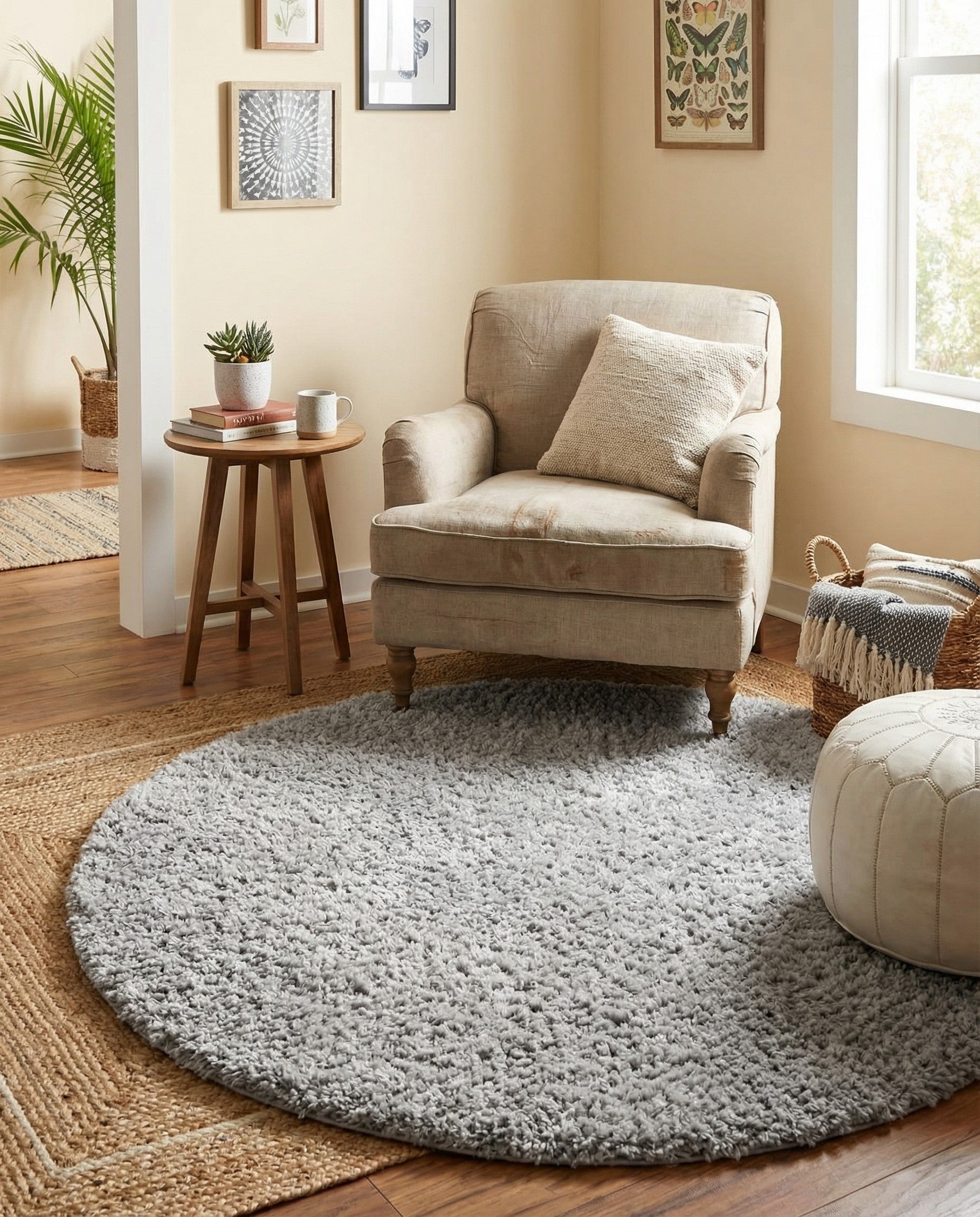 A 4' round gray shag rug with a textured pile, suitable for adding comfort to any indoor space.
