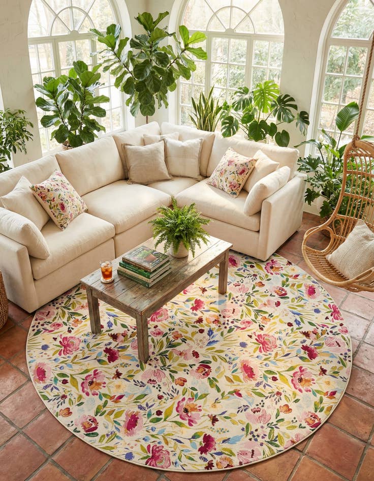 Detail image of 10' x 10'  Washable Botanical Indoor / Outdoor Round Rug