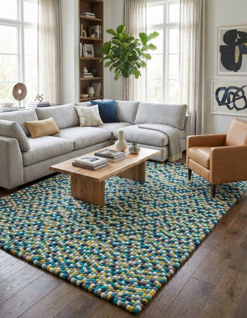 7' 10 x 10' Hand Woven Felt Ball Wool Rug