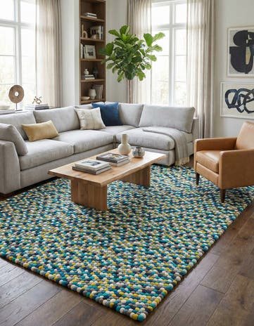 7' 10 x 10' Hand Woven Felt Ball Wool Rug