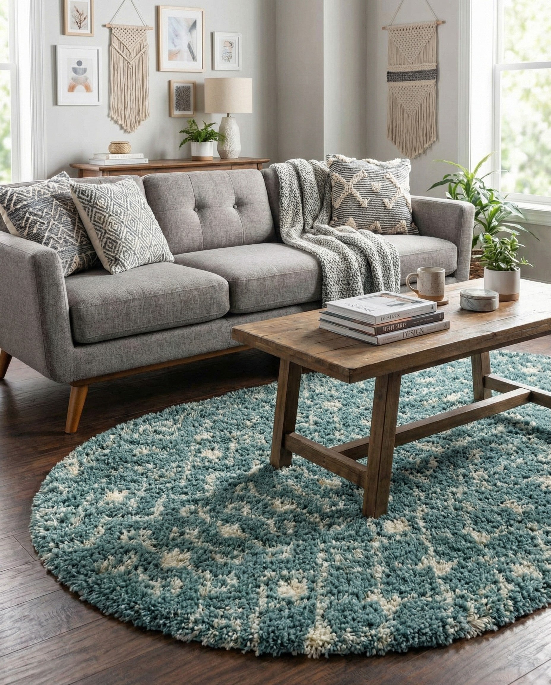 A 5' 3 x 8' 0 oval light blue shag rug with a white tribal trellis pattern, perfect for an indoor living space.