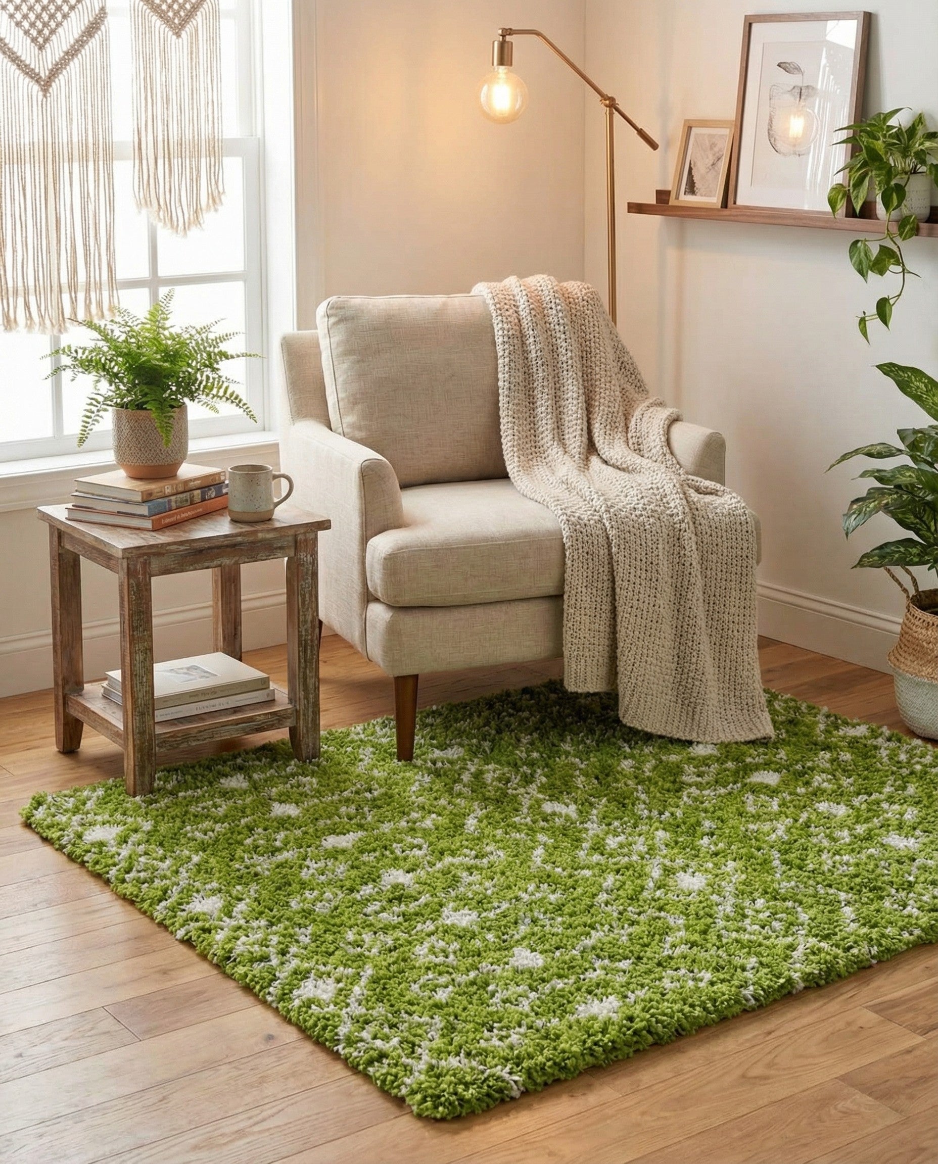 A vibrant green and white square shag rug with a modern tribal pattern, featuring a textured pile.