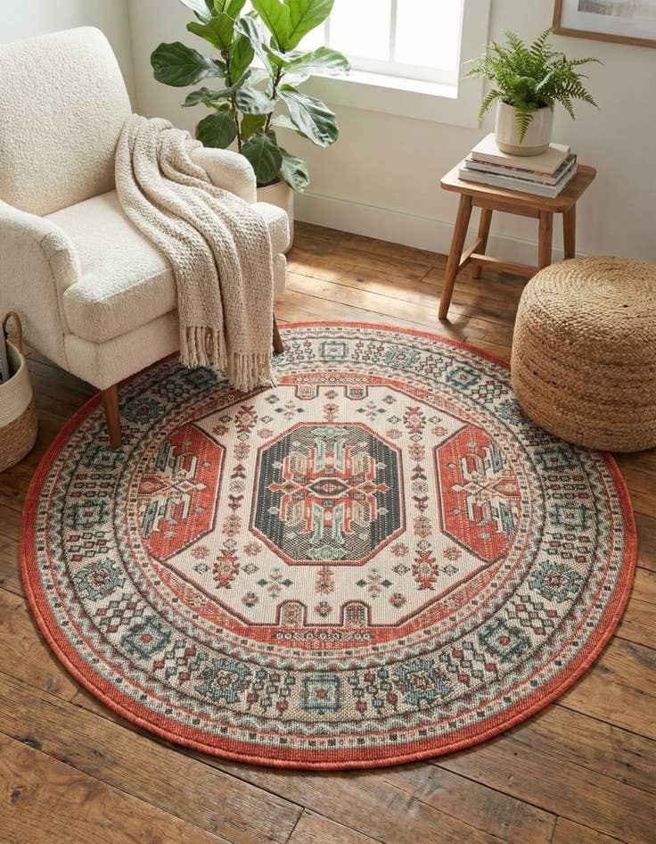 Detail image of 4' x 4' Easy-Clean Traditional Indoor / Outdoor Round Rug