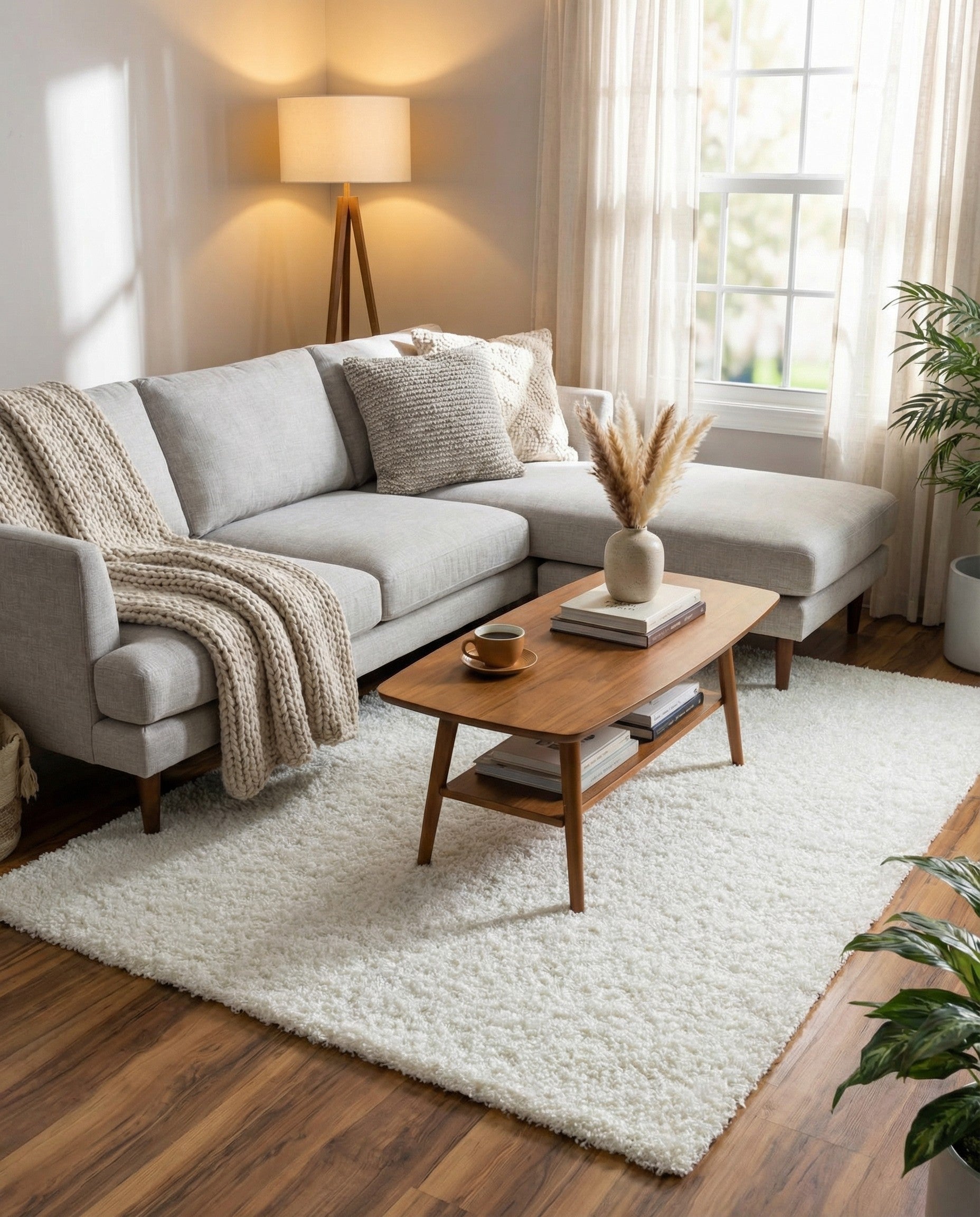 A 6x9 rectangular white shag rug with a modern, solid design, perfect for a living room or bedroom.