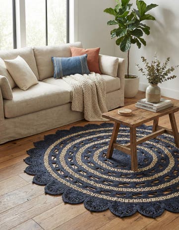 Navy Blue and White Handmade Braided Jute Round Rug