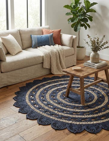 Navy Blue and White Handmade Braided Jute Round Rug