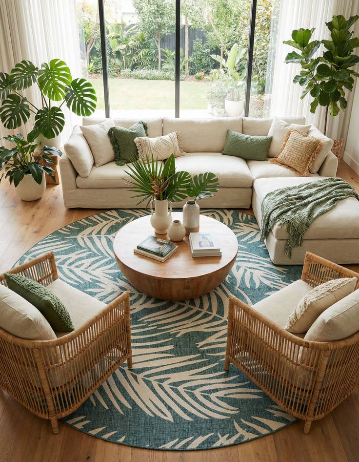 Detail image of 13' x 13'  Washable Botanical Indoor / Outdoor Round Rug