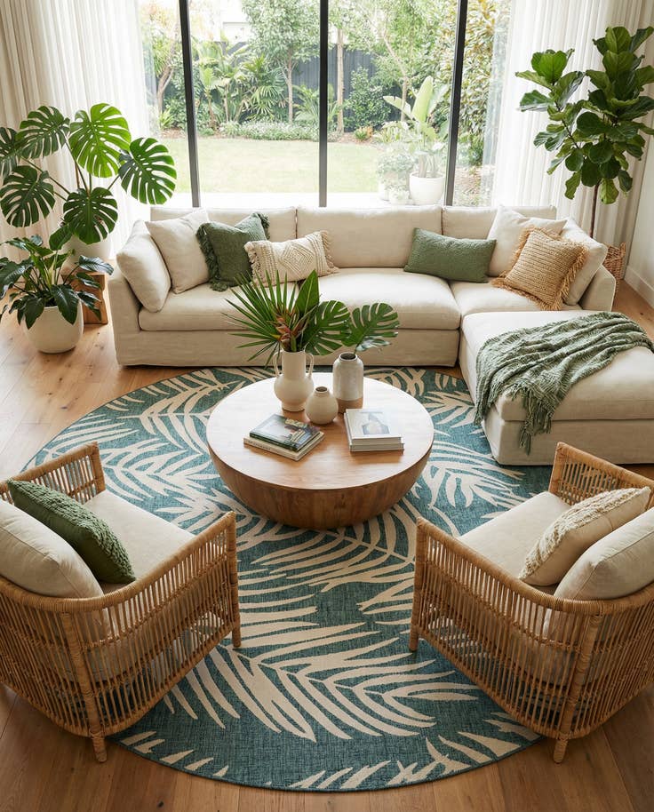 Detail image of 13' x 13' Easy-Clean Botanical Indoor / Outdoor Round Rug