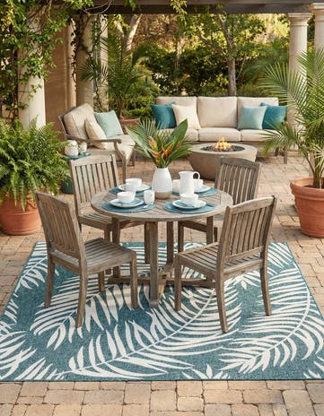 Teal Easy-Clean Botanical Indoor / Outdoor Square Rug