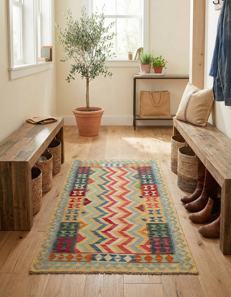 Detail image of 3' 8 x 6' 3  Hand Woven Kilim Maymana Wool Runner Rug