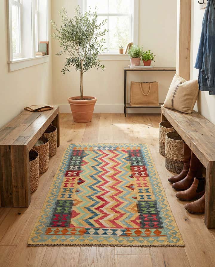 3' 8 x 6' 3 Hand Woven Kilim Maymana Wool Runner Rug