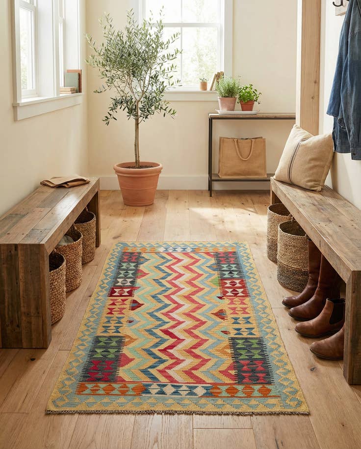 Detail image of 3' 8 x 6' 3 Hand Woven Kilim Maymana Wool Runner Rug