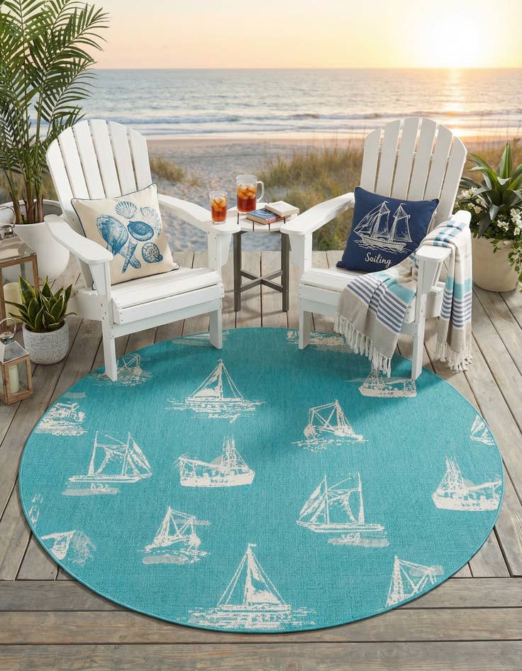 Detail image of 7' x 7'  Washable Coastal Indoor / Outdoor Round Rug