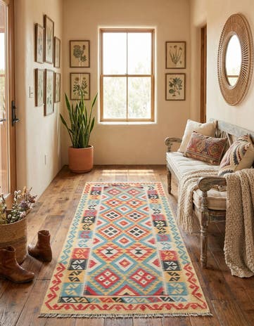 3' 5 x 6' 8 Hand Woven Kilim Maymana Wool Runner Rug