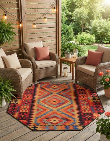 5' 3 x 5' 3 Easy-Clean Tribal Indoor / Outdoor Octagon Rug